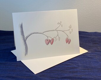 Rama de árbol con corazones ilustrados tarjeta en blanco, Día de San Valentín, Cumpleaños, Amor, Boda, Aniversario