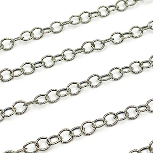 1FT 3mm 925 Oxidized Silver Round Link Chain, Twisted Circle Antique Style Chain, Unfinished Textured Necklace Chain by Foot. 104161OX
