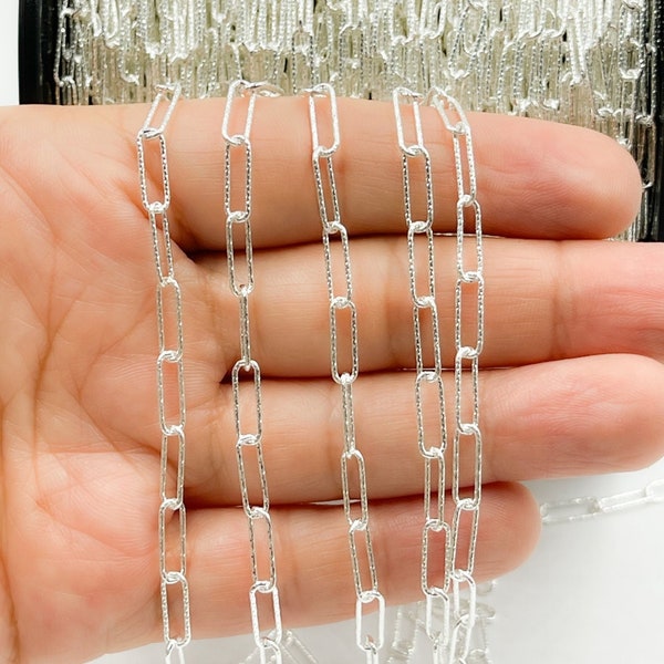 1FT 10x4mm 925 Silver Chain by foot, Diamond Cut Rectangle Link Chain, Shiny Oval Drawn Link Chain, Sparkle Paperclip Drawn Chain. Y80DCSS