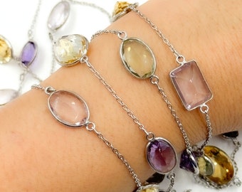 Sterling Silver Multi Gemstone Chain, Amethyst Topaz Quartz Bezel, Dainty Cable Bead