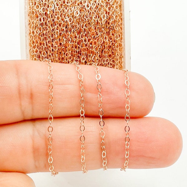 2mm, 14k Rose Gold Filled Chain by Foot, Unfinished Flat Tiny Link Cable Chain, 14k Rose Gold Dainty Round Link Wholesale. 1010201F Rose