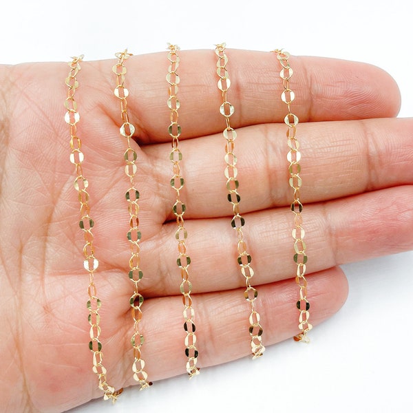 1FT 3mm 14k Gold Filled Chain by Foot, Unfinished Flat Round Link Chain, Open Circle Sequin Necklace Chain Wholesale. 1012081