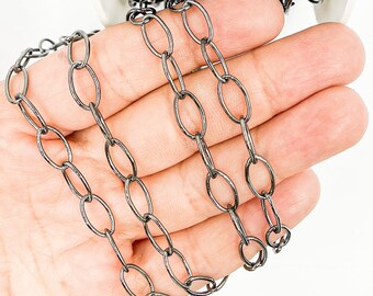 Black Rhodium Plated Sterling Silver Oval Link Chain, Gunmetal Jewelry Chain, 10x5mm. BR44