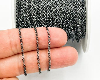 Black Rhodium Plated Sterling Silver Rolo Chain, 1.5mm, Bulk Necklace Chain. BR12