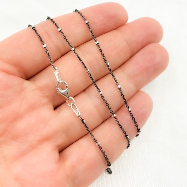 Cube Chain Choker Necklace, Silver Bead Satellite Necklace Choker, Black Polish with Silver Bead Cable Silver Chain Wholesale. Z36SB2F