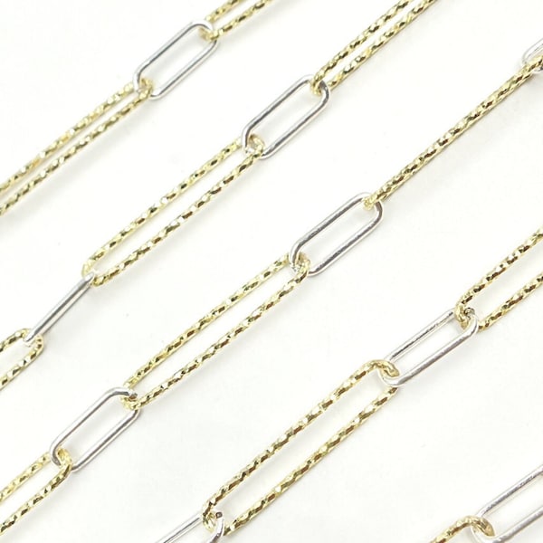 1 FT 24x5mm, Two Tone Chains, Gold Plated, White 925 Sterling Silver Smooth & Diamond Cut Paperclip Chain, Permanent Jewelry. V3GS1