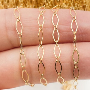 1FT 5x3mm 14K Gold Filled chain by foot,Unfinished flat Rhomb and 2mm Round Link Chain,Flat shiny link necklace, Chain Supply Bulk. 1013701F