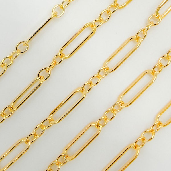 1FT 11x4mm 14k gold filled chain by foot,flat unfinished long oval and circle link chain,drawn paperclip,small round link chain bulk.103331F