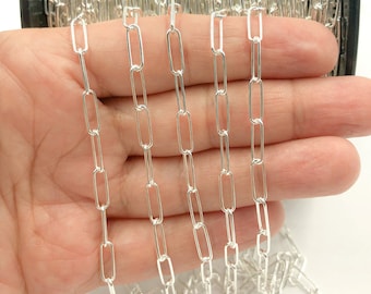 1FT 10x4mm 925 Silver Paperclip Chain Bulk by foot, Smooth Rectangle Paperclip Link Chain, Drawn Oval Link Chunky Chain Wholesale. Y80SS