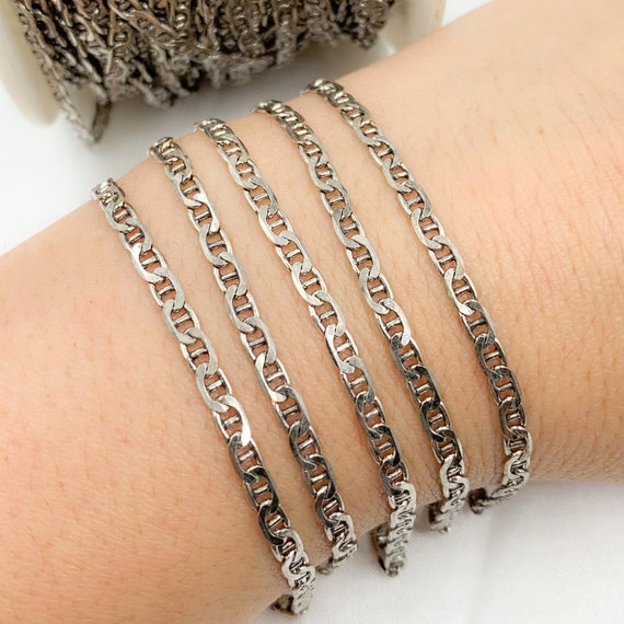1FT Oxidized 925 Sterling Silver Chain by Foot, Flat Mariner