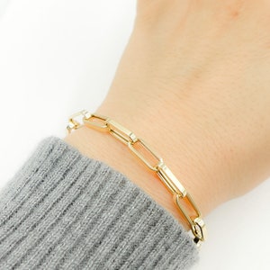 Gold Bracelet / 14K Gold Link Paperclip Bracelet / Rectangle link 5x13mm Chain Bracelet / 14K Real Solid Gold Woman Bracelet. 14K23