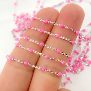 2x1mm 925 Sterling Silver Enamel Pink Color Cable Chain, Unfinished Satellite Enamel Ball Chain by foot, Permanent Jewelry. V203PKSS