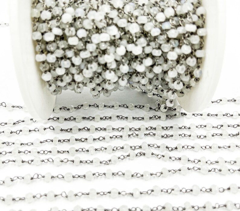 Yard Moonstone Rosary Chain 925 Sterling Silver Wire Wrap Chain Wholesale Black Finish Beaded Chain Bulk Rondelle Bead Unfinished Chain