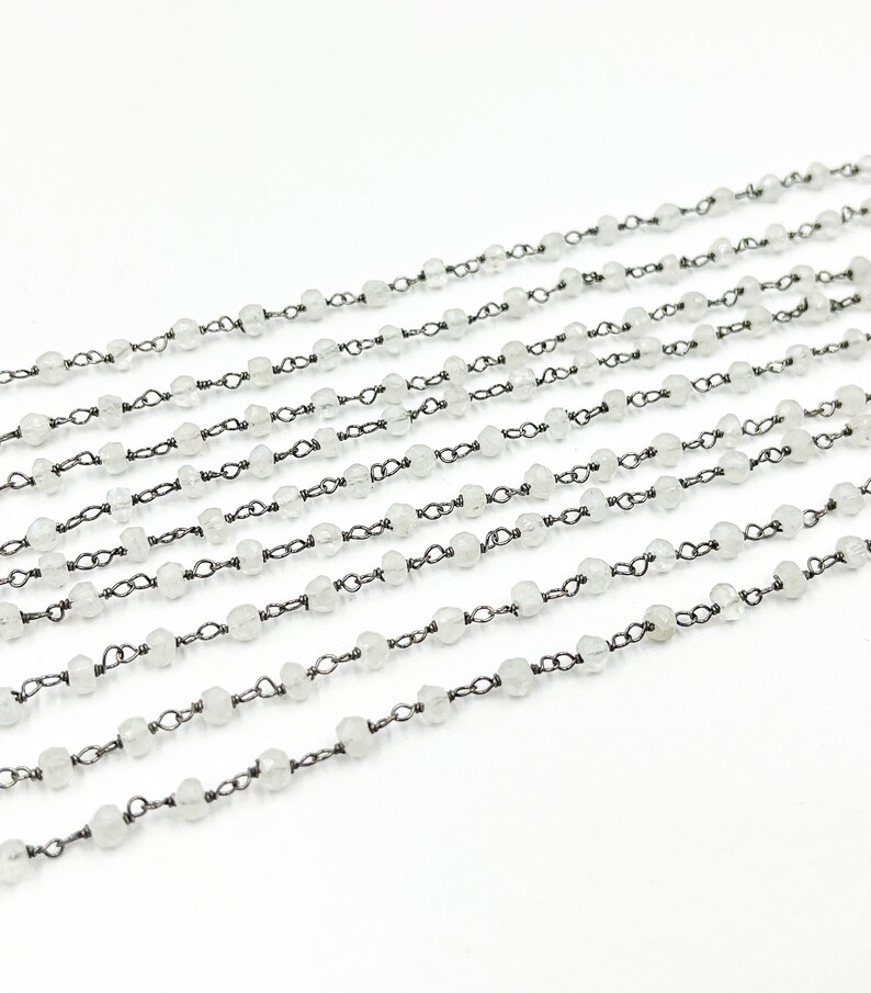 Yard Moonstone Rosary Chain 925 Sterling Silver Wire Wrap Chain Wholesale Black Finish Beaded Chain Bulk Rondelle Bead Unfinished Chain
