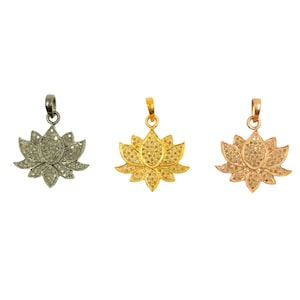 1pc 24x23mm pave diamond 925 silver pendant, large lotus flower diamond pendant, black polish & gold plate diamond flower necklace pendant