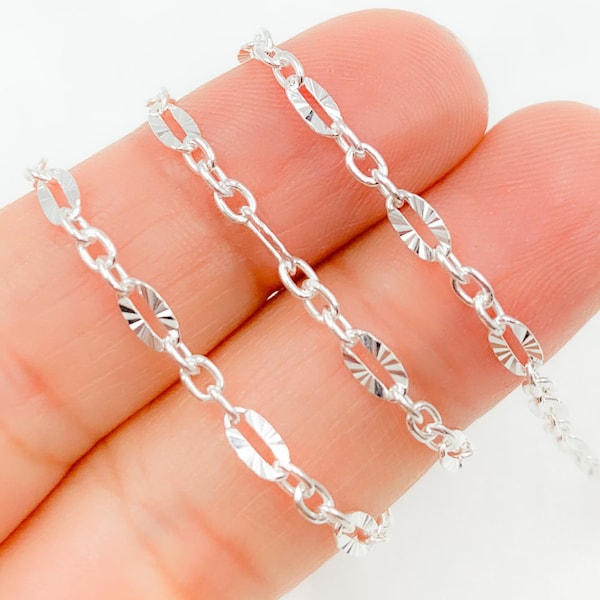 925 Sterling Silver Diamond Cut & Smooth Oval Link Chain, Oval Link Chain, Permanent Jewelry, Jewels and Chains, Chain by Foot. Z104SS