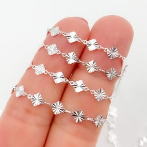 1FT 4mm  925 Silver Chain by foot, Patterned Diamond Cut Chain, diamond shape sparkle sequin chain, Shiny Textured Link Choker Chain. V72SS