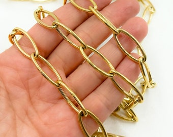 Gold Plated Sterling Silver Hollow Oval Link Chain, Jewelry Making Supply. Y122GP