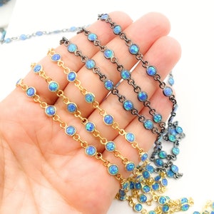 Created Blue Opal Round Shape Connected Chain, Chain by the Foot, Permanent Jewelry, Jewels and Chains, Opal Chain, Silver Chains. CBO8