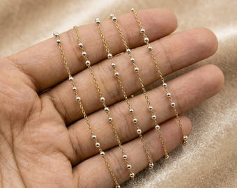 Łańcuszek satelitarny ze złota 14K na stopkę - 2 mm łańcuszek satelitarny z koralikami ze srebra próby 925, łańcuszek kablowy satelitarny do trwałej biżuterii, V289TT