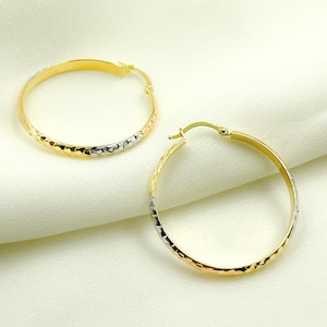 14K Hollow Gold Tri-Color Hoop Earrings with Engraved Tornado Design 33mm. Thickness 3mm. Woman earrings, 14K Gold hoops GER65.