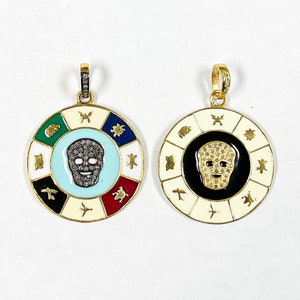 Handmade Pave Diamond Enamel Skull Pendant, 925 Sterling Silver Diamond Pendant Wholesale, Round Enamel Skull Diamond Medallion Pendant