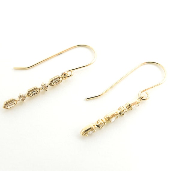 14K Solid Gold Dangle Earrings 33x3mm. 14K Gold and Diamonds Woman