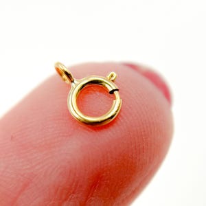 Puede incluir: Cierre de metal dorado con un anillo redondo y un cierre de resorte. El cierre está diseñado para sujetar cadenas o cordones de joyería.