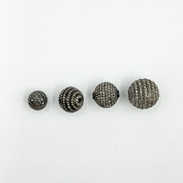 Pave Diamond Ball Bead, 8mm, 9mm, 10mm & 12mm Round Gunmetal 925 Silver Bead, Pave Diamond Findings, Black Rhodium Diamond Jewelry Supply