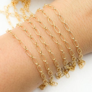 1FT 6x3mm 14k Gold Filled Textured Rectangle Link Chain by Foot, gold drawn oval link chain, hammered link necklace chain supply. 8251-1AGF