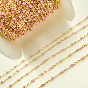 925 Sterling Silver Gold Plated Chain, 2x1mm Pink Enamel Bead, Satellite Chain by Foot, Gold Plated Chain, Permanent Jewelry. V203RSGP