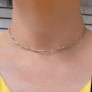 Wave omega choker necklace 14 & 16&quot;, minimalist snake thin layering necklace, 925 silver necklace, dainty sterling silver spring necklace