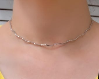 Wave omega choker necklace 14 & 16&quot;, minimalist snake thin layering necklace, 925 silver necklace, dainty sterling silver spring necklace