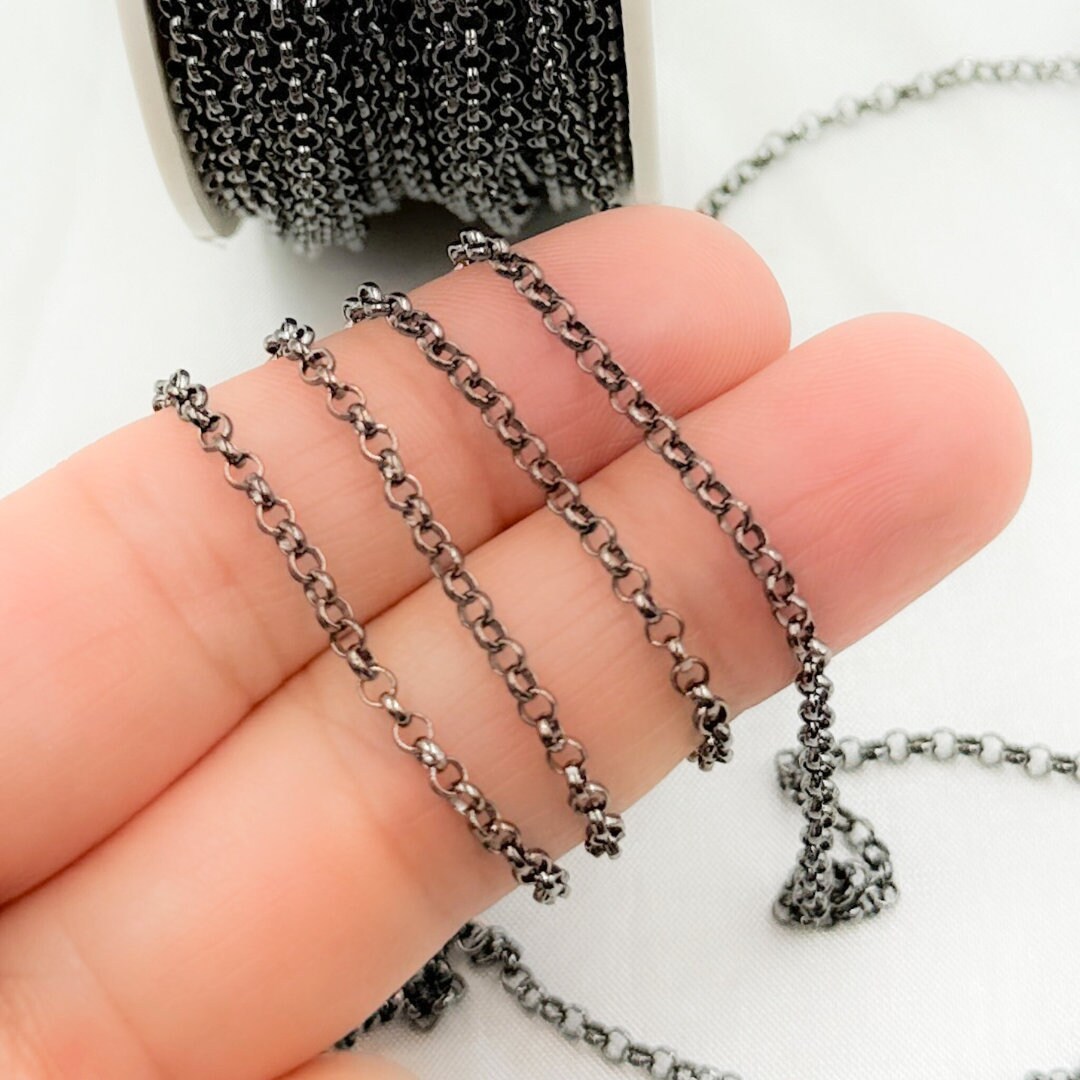 Black Rhodium Sterling Silver Rolo Chain, 2mm Bulk Necklace Chain ...