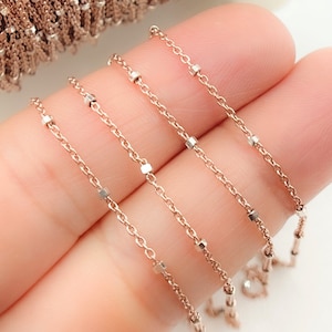 1FT Rose Gold Plated 925 Sterling Silver Chain by Foot, Unfinished cable necklace chain bulk, silver bead satellite chain. Z36RGS