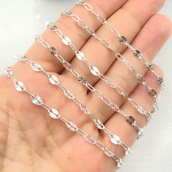 6x4mm, 925 Sterling Silver Textured Marina Chain by foot, Unfinished Marina Flat Link Chain, 925 Silver Sequin Oval Chain by Foot. Z94SS