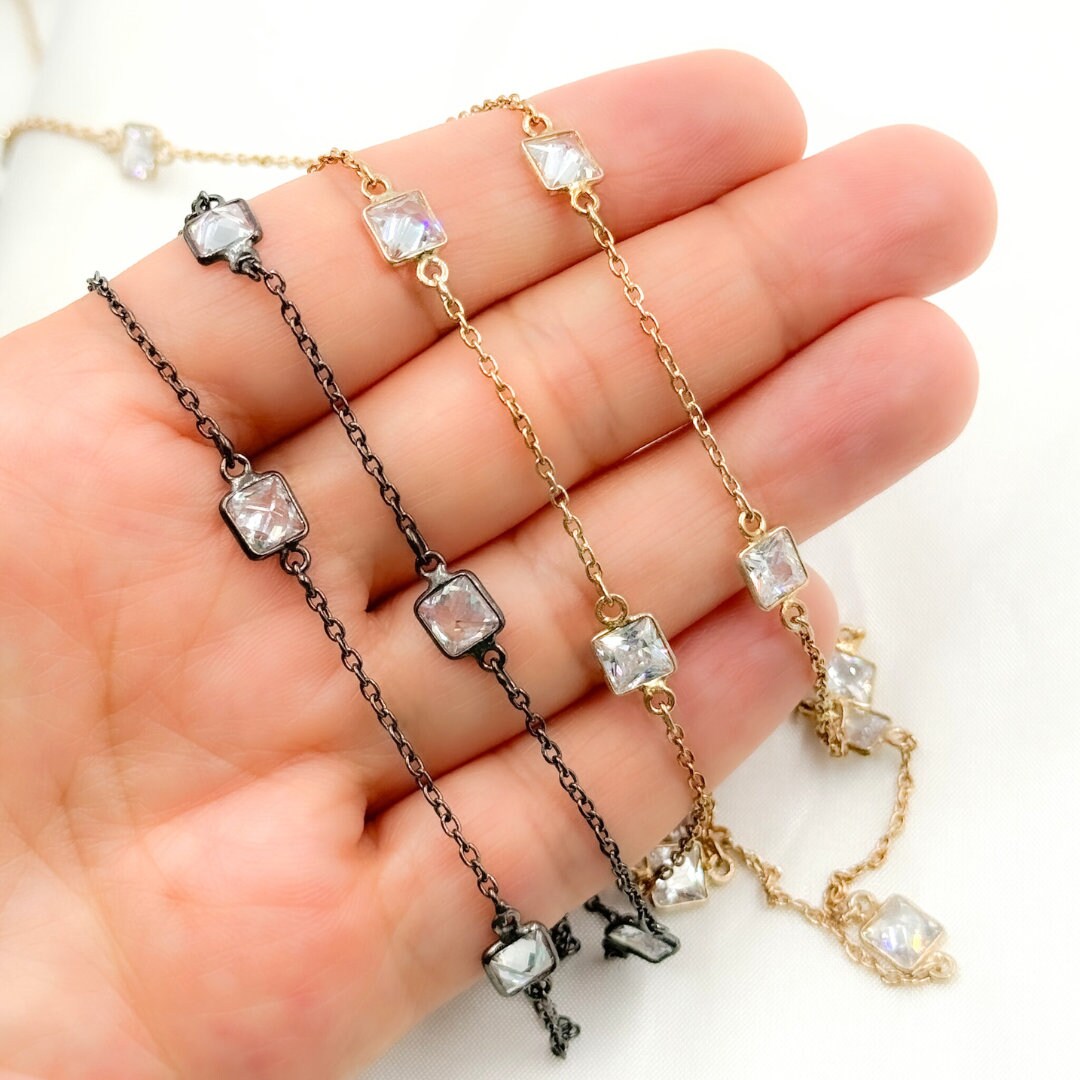 Cubic Zirconia Square Shape Connected Chain, Permanent Jewelry, Jewels