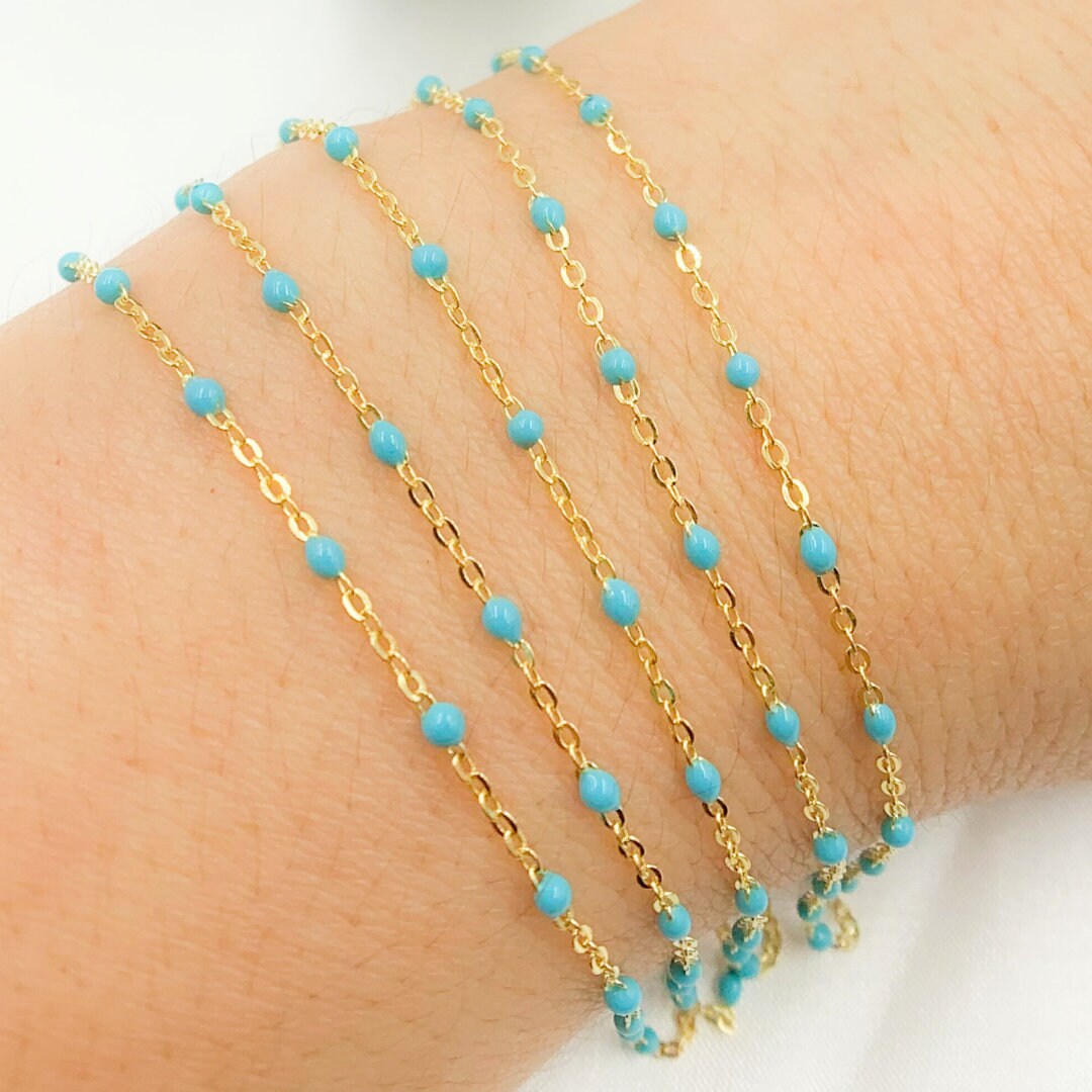 14K Solid Gold Enamel Turquoise Chain by Foot. Real Gold Chain Supply