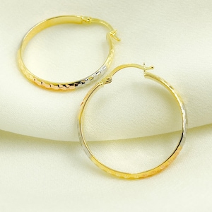 14K Hollow Gold Diamond Cut Tri-Color Hoop Earrings 27mm. Gold textured classy shiny finish hoop earrings. Woman Gift. GER75