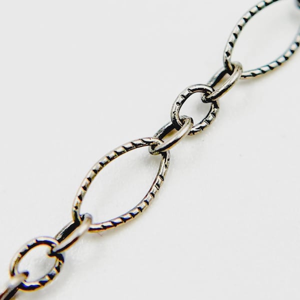 2 mm 925 oxidierte Silberkette zu Fuß, antikes Silber Oval & 3 runde Gliederkette zu Fuß, unvollendete Vintage Zierliche Kette. 716TWOX
