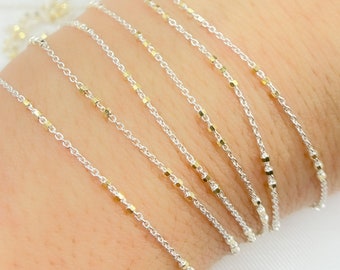 1FT 1mm Gold Plated Cube 925 Sterling Silver Satellite Chain by Foot, Fine Silver Chain with 3 Gold Plated Cube Beads, Cable Link. Z26GS2