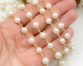 Cadena de perlas blancas de agua dulce de 6 mm, rosario de cuentas de plata de ley chapado en oro con alambre. PRL21