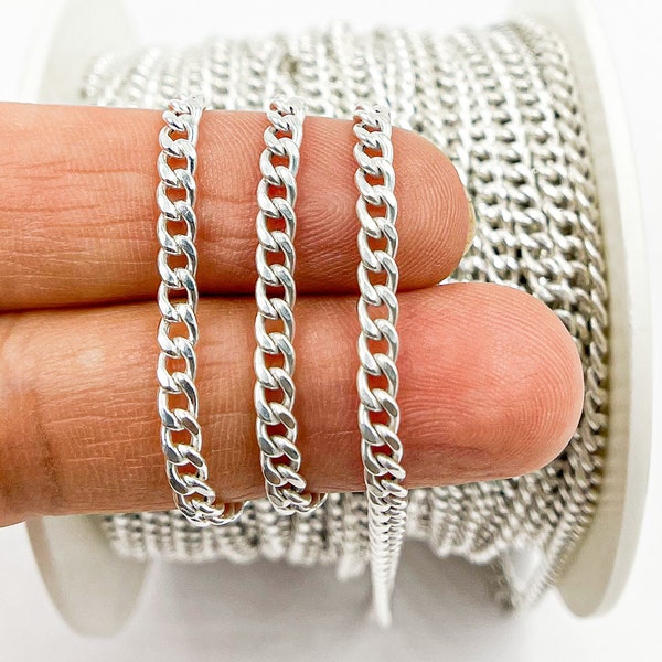 1FT 4x3mm 925 Sterling Silver Curb Chain, Hollow Silver Curb Chain,Unfinished Cuban Curb Chain Bulk,Wholesale White Silver Curb Chain. V60SS