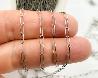 5x2mm 925 Oxidized Silver Paperclip Chain, Vintage Color Rectangle Link Chain, Drawn Chain By Foot, Unfinished Antique Chain. 1606OX