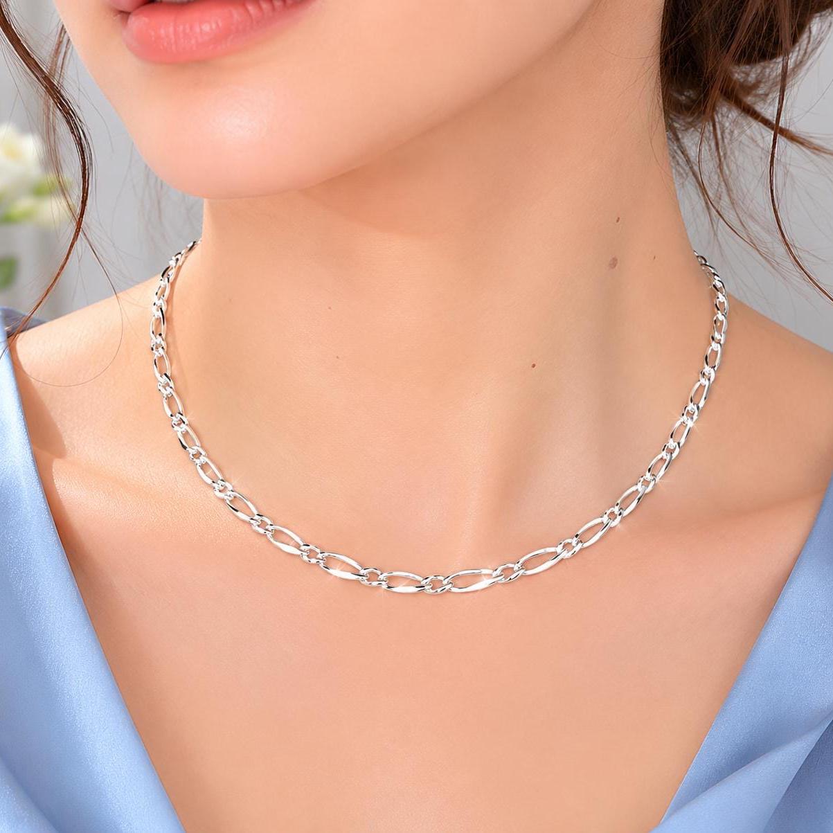 925 Sterling Silver Figaro Diamond Cut Necklace, Elegant Silver