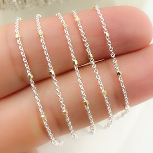 1FT 1.4mm cube sterling silver  Satellite Chain by Foot, Unfinished cable cube Chain bulk, silver fine necklace chain with gold Bead. Z36GS2