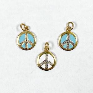 925 Sterling Silver Peace Sign Enamel Diamond Round Charm, Pave Diamond White with Gold Plated 925 Silver Charm, Peace Round Diamond Charm