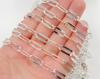 Łańcuszek spinaczowy ze srebra próby 925, 14 x 6 mm, sprzedawany luzem, gładki, płaski, prostokątny łańcuszek spinaczowy, gruby łańcuszek z owalnych ogniw. Y58S06SS