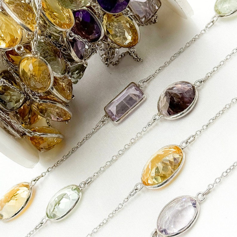 Sterling Silver Multi Gemstone Chain, Amethyst Topaz Quartz Bezel, Dainty Cable Bead image 3