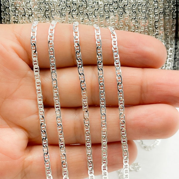 1FT 5x2mm 925 silver chain by foot, flat mariner unfinished chain, small curb anchor chain, shiny oval link marina chain. Y21SS